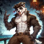 anthro belt big_pecs black_claws bottomwear brown_bottomwear brown_clothing brown_pants claws clothing lamp lantern male muscular muscular_male pants pecs pirate_hat sea ship shirt smile smirk solo tongue tongue_out topwear vehicle water watercraft askiewarg badger mammal mustelid musteline hi_res