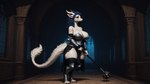 anthro armor blue_hair bottomwear clothing female fur green_eyes hair holding_object holding_weapon loincloth melee_weapon smile solo unconvincing_armor weapon white_body traialas dragon furred_dragon hi_res