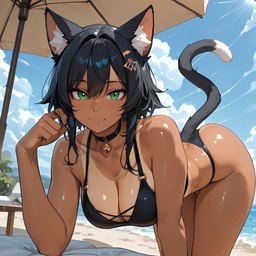 accessory arm_support beach bikini black_hair blue_sky breasts cat_tail clothing collar collar_bell eyelashes female glistening glistening_body green_eyes hair hair_accessory hand_in_hair inner_ear_fluff leaning leaning_forward leaning_on_elbow looking_at_viewer seaside sky smile smiling_at_viewer solo sunny suntan swimwear tail tan_body tan_line tan_skin touching_hair tuft jacksjilled humanoid hi_res