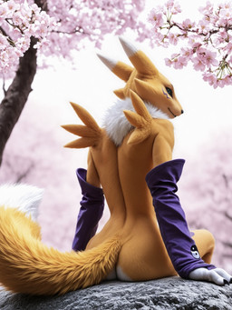 ambiguous_gender animal_ear_fluff animal_ears anthro arm_support armwear blue_eyes body_fur cherry_blossom cherry_blossom_tree cherry_tree claws clothing colored_sclera cute_fangs detached_sleeves facial_markings fox_ears fruit_tree fur head_markings high-angle_view leg_tattoo looking_up markings mouth_closed multicolored_body multicolored_fur navel neck_tuft nude outside paws photorealism plant realistic realistic_fur realistic_lighting sitting sitting_on_rock smile snout solo tail tattoo tree tuft two_tone_body two_tone_fur white_body white_fur yellow_body yellow_fur knotty_sergal digimon digimon_(species) renamon 2025 absurd_res hi_res