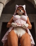 anthro bottomless bottomwear breasts castle clothed clothing clothing_lift disney dress female front_view fur hyper_realistic hyper_realistic_ai orange_body orange_fur pink_clothing pink_dress realistic realistic_fur realistic_lighting red_eyes skirt skirt_lift solo standing tuft white_body white_fur majorrenegade maid_marian canid canine fox mammal hi_res