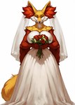 anthro big_breasts bouquet breasts clothing dress female flower flower_bouquet holding_flower holding_object looking_at_viewer muscular muscular_female nippleless plant smile solo standing wedding wedding_dress anonymous_director delphox generation_6_pokemon pokemon_(species) hi_res