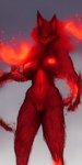 anthro belly breasts female fire genitals glowing glowing_nipples low-angle_view navel nipples pussy red_body red_eyes simple_background solo ty canid canine elemental_creature fox mammal tail