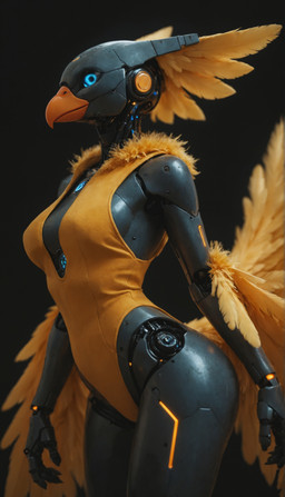 anthro blue_eyes cybernetic_arm cybernetic_hand cybernetic_head cybernetic_limb cybernetic_torso cybernetics feathers female machine solo tail_feathers ai_yiff e6ai mascot_2025 avian bird absurd_res hi_res