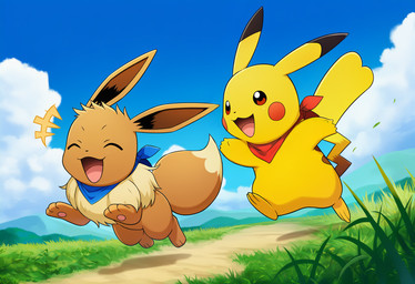 ascot brown_body brown_fur clothing cloud dirt duo female female/female feral fur grass happy outside path plant running sunny trail yellow_body yellow_fur stressedout nintendo pokemon eevee generation_1_pokemon pikachu pokemon_(species)
