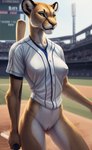 anthro baseball_bat bat_(object) clothing female genitals playing_field pussy realistic shirt solo sport standing topwear lurktime_(director) felid lion mammal pantherine baseball_(disambiguation)