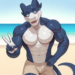 anthro beach blue_body blue_eyes blush clothed clothing hand_gesture looking_at_viewer male multicolored_body nipples sand sea seaside smile solo swimming_trunks swimwear tail topless two_tone_body water white_body furkamidood_(director) digimon roommates_(spelunker_sal) giancarlo_rosato digimon_(species) flamedramon hi_res