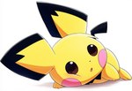 brown_eyes fur looking_away lying male on_front on_ground parted_lips prone simple_background solo white_background yellow_body yellow_fur jomisa nintendo pokemon generation_2_pokemon pichu pokemon_(species)
