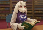 3_fingers anthro book bookshelf carpet chair claws clothed clothing female fingers floppy_ears frown fully_clothed fur furniture horn inside library on_chair purple_clothing purple_robe red_carpet red_eyes robe sitting snout solo table text white_body white_fur worried sawmill undertale_(series) toriel bovid caprine goat mammal english_text hi_res painting_(artwork) traditional_media_(artwork)