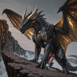 3_toes animal_genitalia animal_penis black_body bodily_fluids cum cum_dripping_from_penis cumshot ejaculation erection feet feral genital_fluids genitals hemipenes horn male multi_genitalia multi_penis mythology penis scales solo tail toes yellow_horn director_zerumi dragon mythological_creature mythological_scalie scalie hi_res