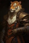 anthro armor black_background clothing gloves handwear jewelry male necklace pauldron pink_nose simple_background solo solo_focus uniform yellow_eyes bahufaru charakash_(bahufaru) felid mammal pantherine tiger hi_res portrait