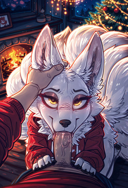 anthro christmas_clothing christmas_tree clothing duo fellatio female fireplace first_person_view fur high-angle_view kneeling male male/female male_pov multi_tail oral penile plant seductive sex tail tree white_body white_fur yellow_eyes neural_bunny canid canine fox mammal absurd_res hi_res