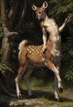 absurd_res blep brown_eyes cervid chest_tuft cloven_hooves countershading degenstoic detailed detailed_background detailed_fur featureless_chest female fingers flat_chested forest hi_res hooved_fingers hooves mammal nude plant solo spots taur teats tongue tongue_out tree tuft