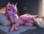 bed bed_sheet bedding bedroom female feral fur furniture hair hooves horn long_hair looking_at_viewer multicolored_hair pillow pink_body pink_fur smile smiling_at_viewer solo window wings unknown_director my_little_pony princess_cadance_(mlp) equid equine mammal winged_unicorn