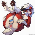 anotherarcticfox anthro anus balls butt butt_grab chastity_cage chastity_device chest_tuft feet foot_focus generation_7_pokemon genitals hair hand_on_butt lycanroc lying male midnight_lycanroc on_back pawpads paws pokemon_(species) raised_paw red_eyes solo spiky_hair spread_butt spreading tuft