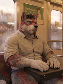 anthro bottomwear clothing fur male muscular muscular_anthro muscular_male office_clothing raining red_body red_fur shirt solo suitcase thong topwear train underwear vehicle sweet_husbando canid canine canis mammal wolf absurd_res hi_res