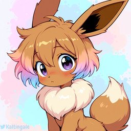 ambiguous_gender anthro black_nose blue_hair blush brown_body brown_fur brown_hair chest_tuft dipstick_tail fluffy front_view fur gradient_hair hair inner_ear_fluff long_ears looking_at_viewer markings nude pink_hair purple_eyes short_hair simple_background solo tail_markings tuft white_body white_fur young kaltingale_(director) nintendo pokemon eevee generation_1_pokemon pokemon_(species) hi_res portrait watermark