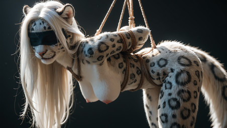 anthro bdsm blindfolded bondage bound female fur hair long_tail pawpads ropes solo white_body white_fur white_hair impressively_averag3 director felid mammal pantherine snow_leopard hi_res