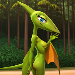 anthro breasts day female forest forest_background gesture green_body green_skin nature nature_background plant smile smiling_at_viewer solo tree waving waving_at_viewer waving_hand winged_arms wings foxfire22 dinosaur_train mrs._pteranodon pteranodon pteranodontid pterosaur reptile scalie