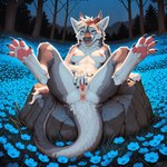 anthro anus blue_eyes breasts female flower flower_field fur genitals masturbation mythology night open_mouth outside plant presenting pussy solo solo_focus spread_legs spreading tail unknown_director dragon furred_dragon mythological_creature mythological_scalie scalie absurd_res hi_res