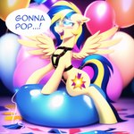 balloon_fetish balloon_popping blonde_hair blue_eyes blue_hair blush breath confetti curvy_figure dark_background darkness detailed_background ear_piercing ear_ring equid equine explosion fallout_equestria female feral gasping glistening glowing hair harness horse looking_at_viewer looking_pleasured looner mammal military moan my_little_pony o-ring open_mouth orgasm_face panting pegasus piercing pony popgasm popping portrait ring_piercing shreds sitting_on_top_of_a_balloon solo sparkles speech_bubble tactical_gear thick_thighs trying_to_ride_it wide_hips wings yellow_body