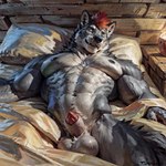 animal_genitalia animal_penis anthro askiewarg balls bed big_balls canid canine canine_genitalia canine_penis canis fully_sheathed furniture genitals half-erect hatiwarg_fursona inside lipsticking male mammal muscular muscular_male nipples pecs penis penis_tip pillow sheath sleeping solo wolf