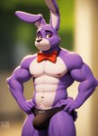 anthro bonnie_(fnaf) bowtie bulge finaleclipse hi_res lagomorph leporid looking_at_viewer male mammal pinup pose purple_body rabbit solo