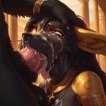 animal_genitalia animal_penis anthro balls black_body bodily_fluids breasts canine_genitalia canine_penis cum cum_from_nose cum_in_mouth cum_in_nose cum_inside deep_throat duo female fur genital_fluids genitals gold_(metal) gold_jewelry hair holding_head jewelry male male/female neck_bulge nude oral penetration penis red_eyes sex tears tongue tongue_out tuft sparagmos canid canine canis jackal mammal absurd_res hi_res