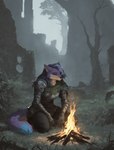 anthro armor blue_body blue_fur blue_markings bonfire eyes_closed female fog fur grass markings outside plant purple_body purple_fur ruins sitting solo tan_body tan_fur tree ascella_(director) dark_souls ascella_nadir canid canine canis mammal wolf absurd_res hi_res