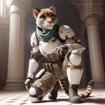 anthro armor blue_eyes clothing female fur smile solo spots spotted_body tactical_gear temple omgechounknown felid feline jaguar mammal pantherine watermark