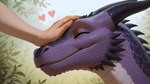 <3 black_body black_horn black_scales duo eyelashes eyes_closed face_focus facial_spikes feral hand_on_head happy head_pat headpat horn mouth_closed petting plant purple_body purple_scales scales simple_background smile spikes spikes_(anatomy) spines scalesai dragon human mammal scalie hi_res