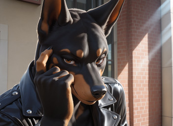 ambiguous_gender anthro black_body black_fur brown_eyes clothing fur gesture jacket leather leather_clothing leather_jacket leather_topwear looking_at_viewer pointing pointing_at_head pointing_at_self smile smirk solo topwear skotuk meme_2026 canid canine canis dobermann domestic_dog mammal pinscher absurd_res hi_res