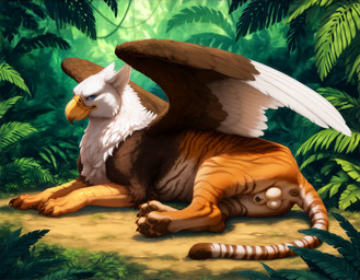 animal_genitalia anus balls blue_eyes brown_body brown_feathers detailed_background feathered_wings feathers feline_balls feline_sheath feral genitals looking_at_viewer lying male markings on_side scuted_arms scutes sheath solo striped_body striped_markings striped_tail stripes tail tail_markings white_body white_feathers wings latiodile avian gryphon mythological_avian hi_res