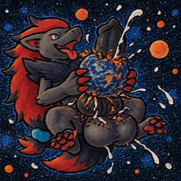animal_genitalia animal_penis anthro balls big_balls black_penis bodily_fluids canine_genitalia canine_penis cum genital_fluids genitals knot macro male penis planet_destruction planet_penetrated solo space thedavid nintendo pokemon generation_5_pokemon pokemon_(species) zoroark hi_res
