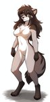 4_toes anthro breasts brown_body brown_fur brown_hair chest_tuft digitigrade featureless_breasts featureless_crotch feet female fur green_eyes hair looking_at_viewer navel nude simple_background smile solo standing toes tuft white_background white_body white_fur anontk twokinds raccoon_girl_(tom_fischbach) canid canine canis mammal hi_res