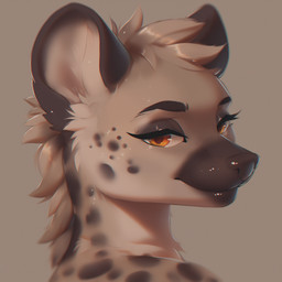 anthro brown_body brown_fur brown_nose chromatic_aberration eyebrows eyelashes female fur hair orange_eyes simple_background solo spots tuft sappy hyaenid mammal headshot_portrait hi_res portrait