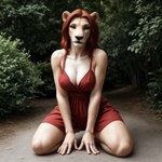 anthro black_nose breasts cleavage clothed clothing dress felid female girlswithsnouts hair hi_res kneeling lion mammal pantherine red_clothing red_dress red_hair solo