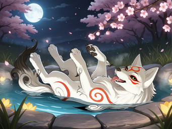 black_body black_fur black_nose black_pawpads canine_ears canine_nose canine_teeth cherry_blossom cherry_blossom_tree cherry_tree claws fangs female feral fruit_tree full_moon fur grass grassland hot_spring light looking_at_viewer looking_back looking_back_at_viewer lying markings moon moonlight night on_back open_mouth outside partially_submerged pawpads paws plant red_markings smile solo tail teeth tree tuft water white_body white_fur yellow_eyes notthatclassic capcom okami_(capcom) amaterasu_(okami) canid canine canis mammal wolf hi_res