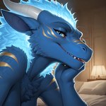 anthro bedroom blue_body blue_eyes chest_tuft close-up female fur glowing glowing_hair hair horn mane seductive side_view smile smiling_at_viewer solo stripes teeth tuft mavrek dragon absurd_res hi_res