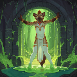 anthro bulge cave clothed clothing crossdressing dress footwear fur legwear looking_at_viewer male moss multicolored_body multicolored_fur pelvic_curtain plant priest scared slime socks solo stuck tail thigh_highs translucent translucent_clothing plapenjoyer hyaenid mammal spotted_hyena goo_(disambiguation)