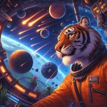 alien_planet anthro black_stripes clothing felid fur green_eyes lights male mammal markings meteor_shower nikkolaus orange_body orange_fur pantherine planet plant solo space_station spacesuit striped_body striped_fur striped_markings stripes tiger uniform window