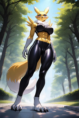 athletic camel_toe clothing female leggings legwear muscular muscular_female solo gardox digimon digimon_(species) renamon hi_res