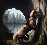 ambiguous_gender anthro arms_tied bound chain city city_background feral forced harness lake latex_pants muzzle_(object) muzzled punished punishment rock solo obsidian canid canine fox mammal