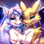 anthro blue_body blue_eyes blue_fur blue_hair blush breasts canid canine cuddling digimon_(species) duo female female/female fox fur hair jewelry krystal looking_at_viewer mammal neck_tuft nenvul nipples nude renamon seductive smile tuft white_body white_fur yellow_body yellow_fur