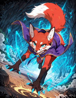 action_pose anthro blep blue_eyes cave claws clothing dynamic_angle female fur inner_ear_fluff magic magic_user pose red_body running solo toe_claws tongue tongue_out tuft white_body white_fur owlyfans_director arin_(character) canid canine fox mammal absurd_res hi_res