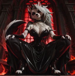 anthro armband armlet backlighting bangs bare_shoulders black_body black_clothing black_dress black_footwear black_fur black_gloves black_handwear black_lips black_nails black_thighhighs body_fur breasts church claws cleavage clothed clothing collar collarbone colored_nails crouching crown dress eyeliner eyeshadow female fingerless_gloves fire footwear fur glistening glistening_clothing gloves gothic hair half-closed_eyes hand_on_knee hand_on_leg hand_on_own_knee hand_on_own_leg handwear head_tilt high_heels inside jewelry large_breasts legwear light lips long_hair looking_at_viewer makeup mouth_closed multicolored_body multicolored_fur nails narrowed_eyes o-ring red_eyes red_sclera sleeveless sleeveless_dress smile solo spiked_armband spiked_collar spikes spread_legs spreading stained_glass tail thick_thighs thigh_highs two_tone_body two_tone_fur white_body white_fur white_hair window wolf_tail mira_koks helluva_boss loona_(helluva_boss) full-length_portrait hi_res lighting portrait