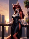 anthro canid canine clothed clothing dress female fox fur green_eyes hair hi_res jewelry looking_at_viewer mammal mercrantos necklace outside red_body red_fur red_hair smile solo