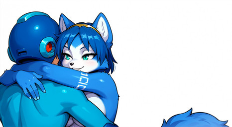 anthro blue_body blue_ears blue_fur blue_hair blush blush_lines breasts cheek_tuft claws duo embrace faceless_character facial_tuft fangs female female_anthro female_on_humanoid fluffy fur furniture green_eyes hair hug humanoid_on_anthro implied_sex inner_ear_fluff interspecies intimate male male/female male_human male_on_anthro markings multicolored_body multicolored_ears multicolored_fur narrowed_eyes nude nude_anthro nude_female simple_background slight_blush smile tattoo teeth toony tribal tribal_markings tribal_tattoo tuft upper_body white_background white_body white_fur white_inner_ear white_inner_ear_fluff white_markings white_tattoo anonymous_director mega_man_(series) nintendo star_fox krystal_(star_fox) mega_man_(character) canid canine fox human humanoid mammal 2026 digital_media_(artwork)