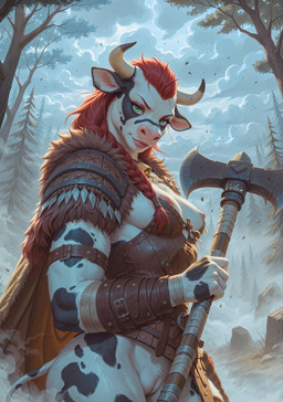 anthro axe battle_axe braided_hair breasts clothing cloud evergreen_tree female forest fur genitals green_eyes hair holding_object holding_weapon horn inner_ear_fluff leather leather_clothing leather_straps melee_weapon nipples pine_tree pink_nipples plant pussy red_hair solo spots spotted_body spotted_fur tail tree tuft viking weapon white_body white_fur velen bovid bovine cattle mammal absurd_res director_name hi_res