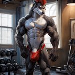 anthro askiewarg bedroom_eyes big_bulge bodily_fluids bulge canid canine canis genitals gym hatiwarg_fursona male mammal muscular muscular_male narrowed_eyes nipple_piercing nipples penis piercing red_mohawk seductive solo sweat sweating_profusely sweaty sweaty_chest vein veiny_arm veiny_penis wolf